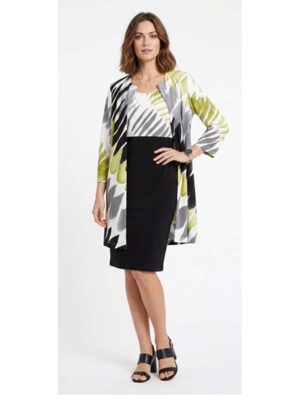 2 Piece Abstract Leaf Print Sheath Dress & Open Front Long Duster Jacket
